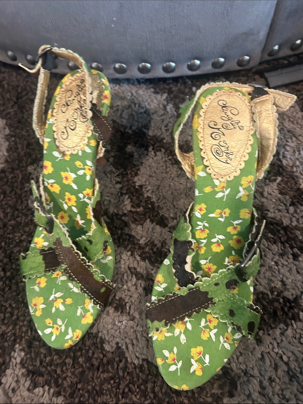 naughty monkey Green Floral Slingback Sandals with Brown Accents